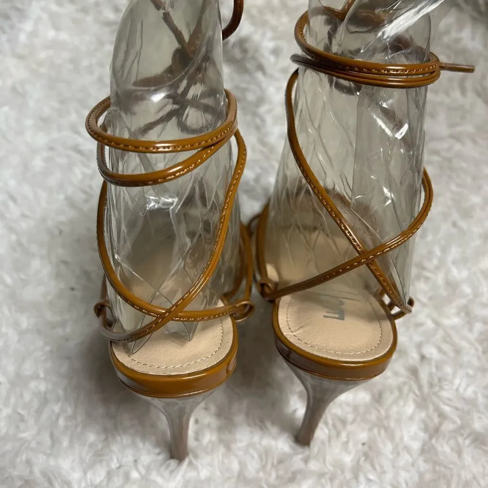 New EGO Av-e Mocha &clear plastic strappy heels Size 7